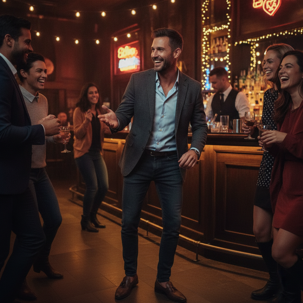 Homem confiante sorrindo em um ambiente social